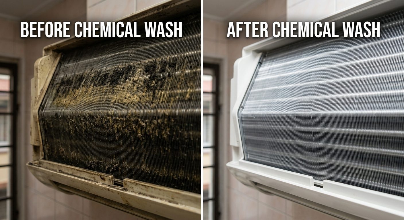 Perbandingan gegelung aircond sebelum dan selepas chemical wash