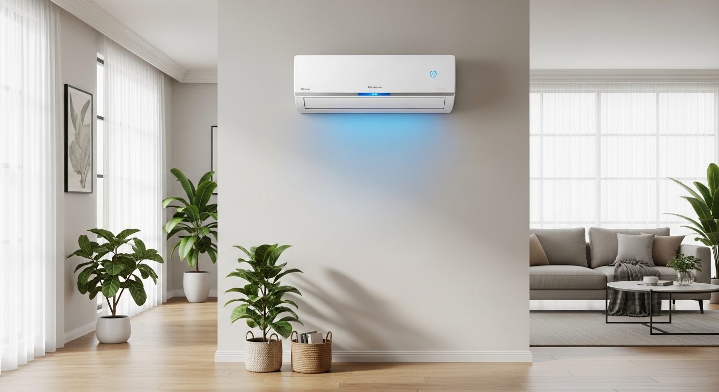 Aircond Toshiba dipasang di dinding ruang tamu rumah Malaysia