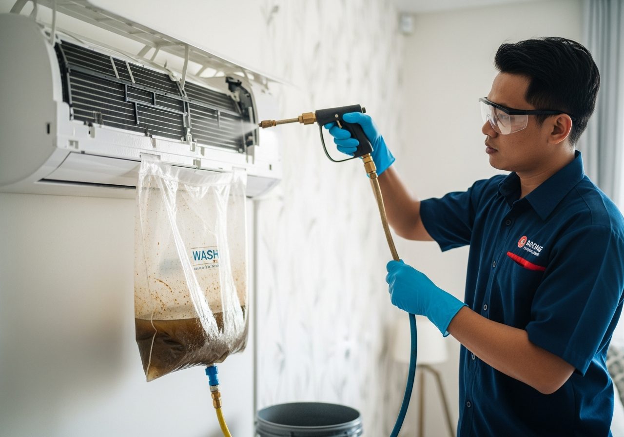 Juruteknik menservis unit luar aircond Toshiba di luar rumah